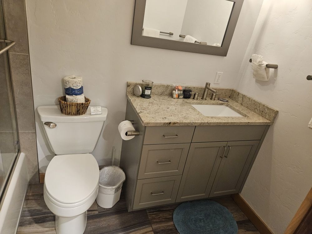 A clean bathroom featuring a toilet, sink, and mirror, highlighting the services offered by a cleaning company.
