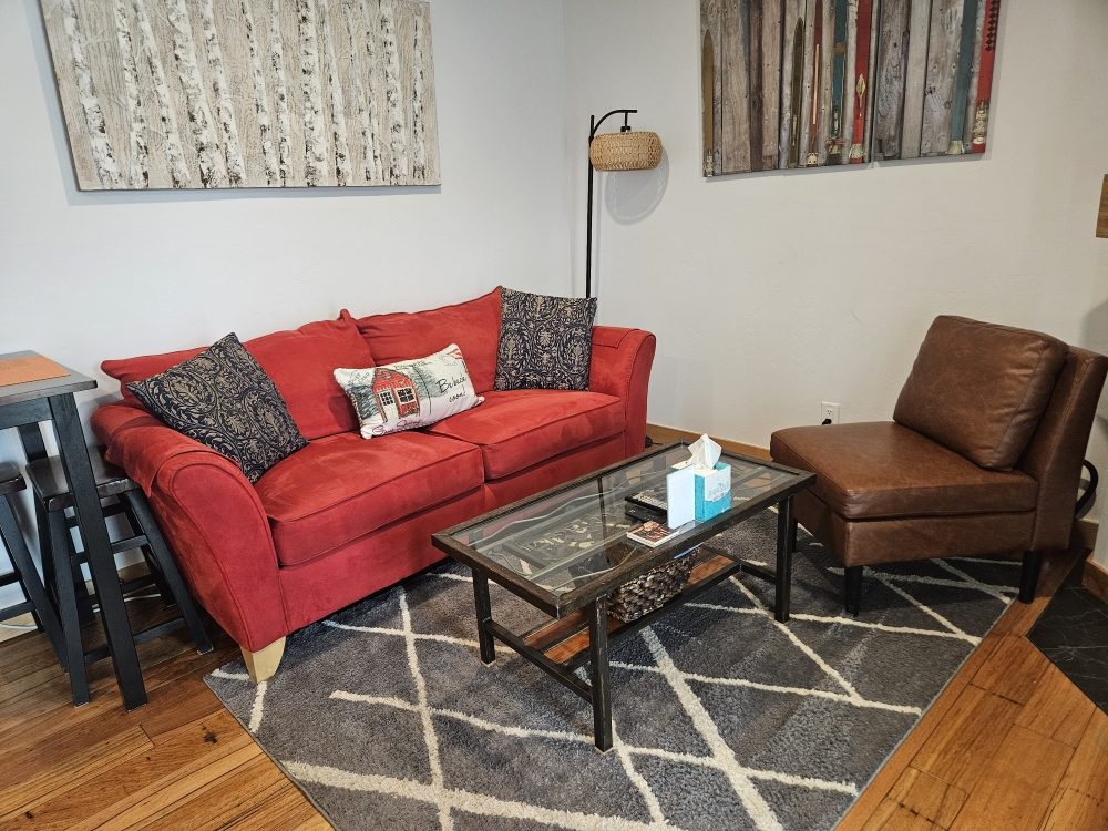 A living room featuring a red couch and chair, highlighting a clean and inviting space for cleaning services.